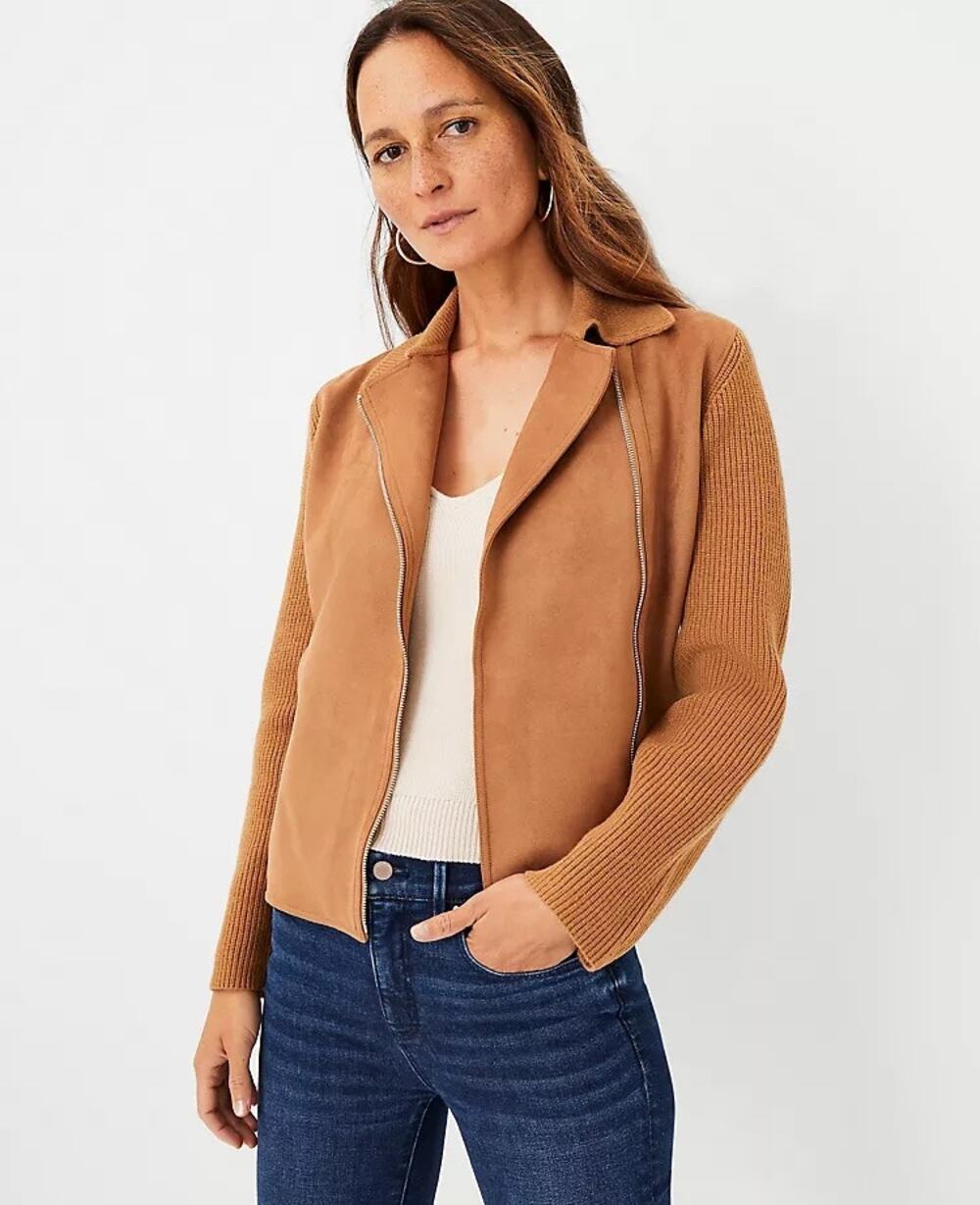 Ann Taylor Camel Tan Multimedia Suede + Knit Collared Moto Jacket Large